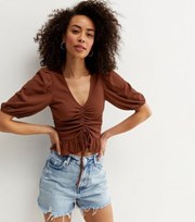New Look Tall Brown Ribbed Ruched Front Frill Crop Top